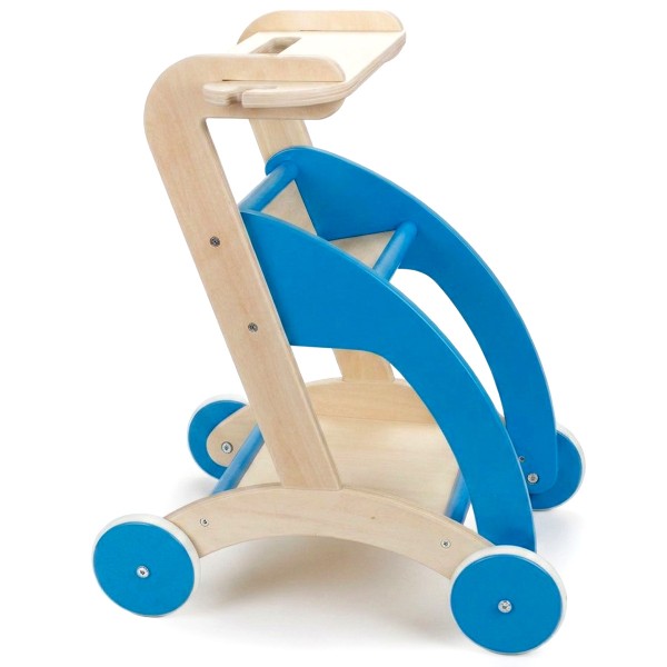 Blauer Kinder Putzwagen aus Holz in der Seitenansicht