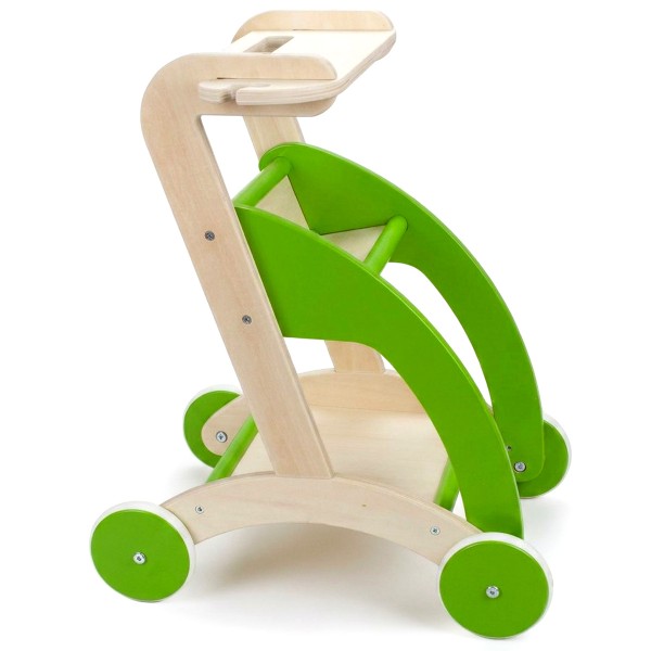 Grüner Kinder Putzwagen aus Holz in der Seitenansicht