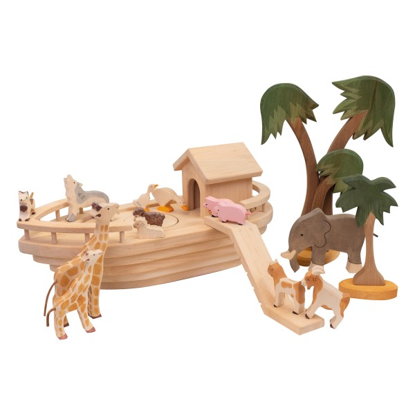 Kinder-Piratenschiff, Kinder-Arche Massivholz natur, nachhaltig mit Hütte und Holz-Tieren, Deko-Palmen aus Holz