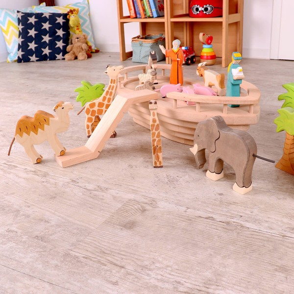 Kinder-Arche Massivholz mit Noah'S Hütte, Kajüte, Rampe und Holz-Tieren zum spielen, Holz-Palmen
