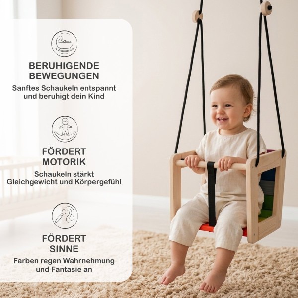 Infografik zur Babyschaukel mit Vorteilen wie Motorik Förderung, Beruhigung und Sinneswahrnehmung