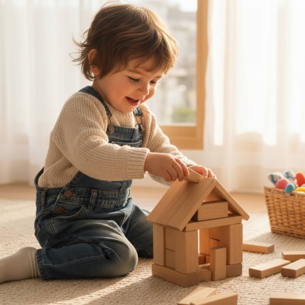 Kind baut konzentriert einen hohen Turm aus Holzbauklötzen – fördert Kreativität, Feinmotorik und Konzentration beim Spielen