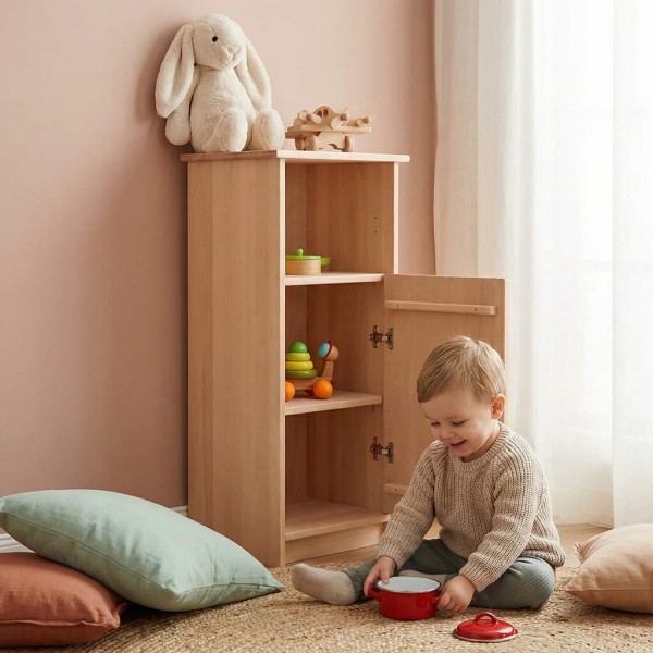 Schrank aus Buchenholz im minimalistischen Kinderzimmer mit weißem Teppich – ruhiges Spielen und übersichtlicher Stauraum