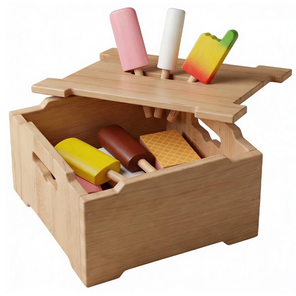 Eistruhe aus Holz für Kinder mit buntem Spieleis – Zubehör für Kaufladen und Kinderküche
