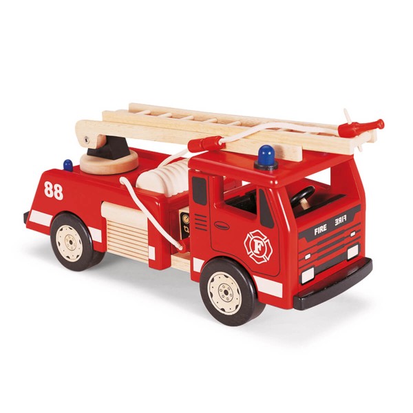 Rotes Holz Feuerwehrauto Pintoy mit blaulicht ökologisches Holz-Spielzeug – Bio-Holzspielzeug – Naturholz-Spielzeug