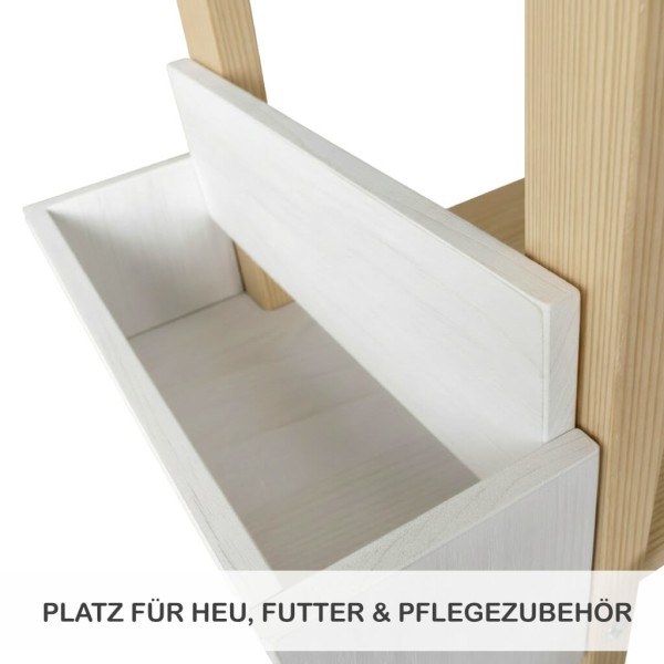 Seitliches Futterfach am Hobby Horse Stall aus Holz – Platz für Heu, Futter und Pflegezubehör griffbereit verstaut
