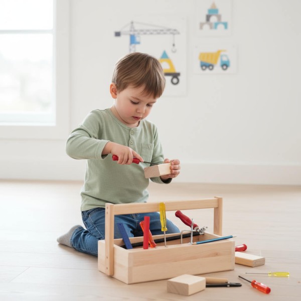 Ein Kind arbeitet konzentriert mit dem Kinder Werkzeugkasten FREDDY aus Holz und schnitzt sicher an einem Holzklotz.