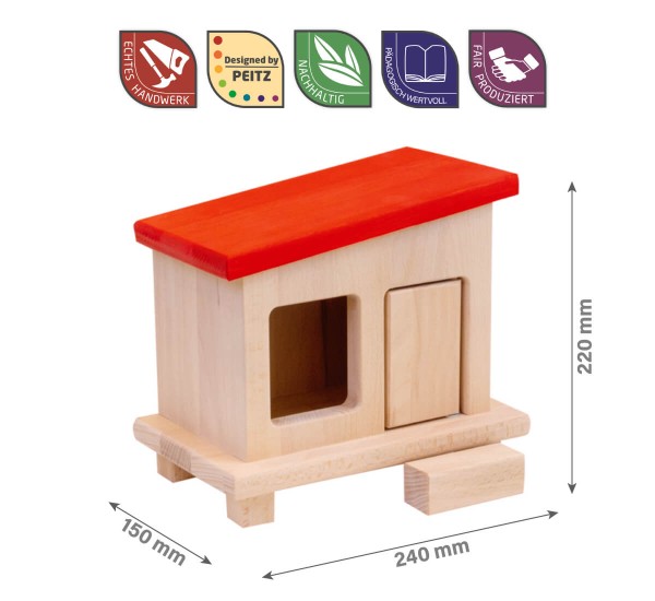 Huehnerstall mit rotem Dach für Kinder-Bauernhof von Holz-Peitz, klappbare Tür offen, Masse 150x240x220mm