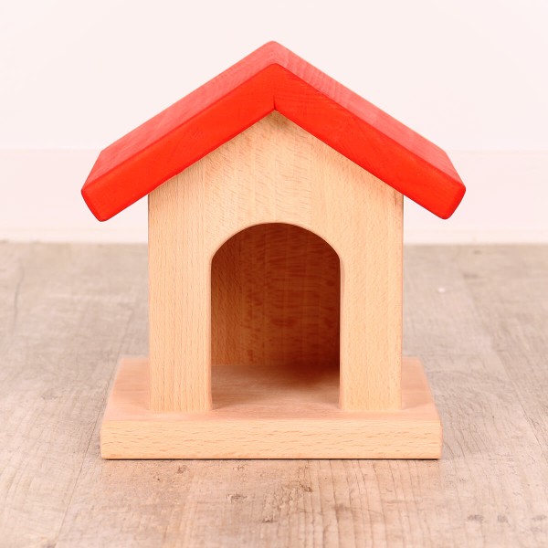Kinder-Hundehuette aus Massivholz mit rotem Dach