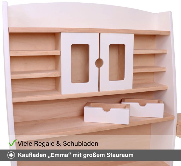 Kaufladen Erlenholz weiß mit vielen Schubladen und Regalen für Kochutensilien.