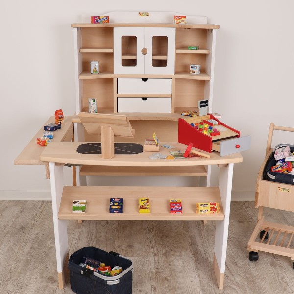 Kinder Supermarktset aus Holz. Es besteht aus 53 teilen.