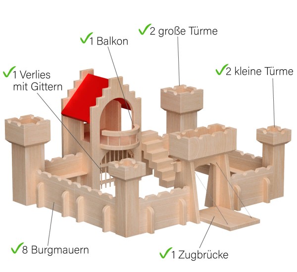 Ritterburg holz - Mit Balkon, 3 Türmen, Zugbücke, 8 Burgmauern und einem Verlies mit Gittern