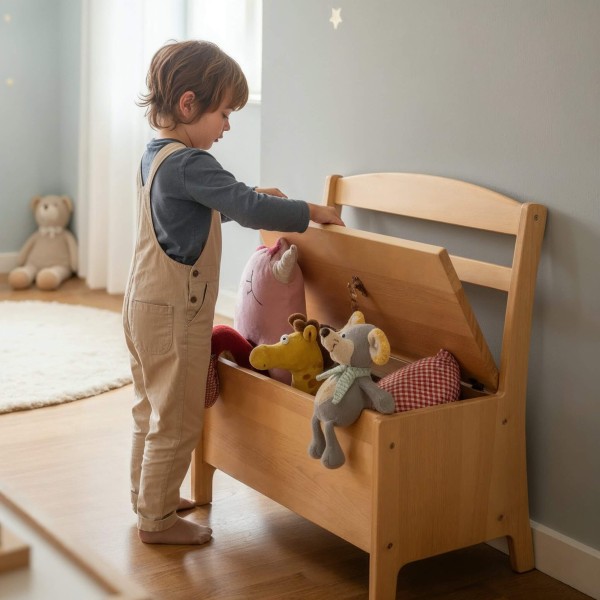 Kinder-Truhenbank aus Buche – Kind räumt begeistert Spielzeug ein, fördert Ordnung und Selbstständigkeit