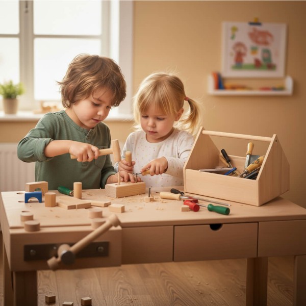 Kinder spielen gemeinsam mit der Holzspielzeug Peitz Werkbank in der Kita – pädagogisch wertvoll, aus massivem Buchenholz und ideal für Montessori und Waldorf Lernen