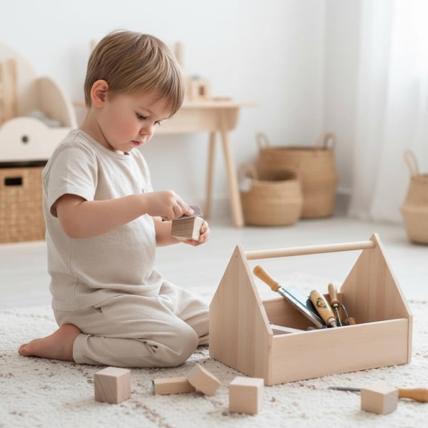 Kind spielt begeistert mit Kinder Werkzeugkasten im skandinavischen Kinderzimmer – fördert Kreativität