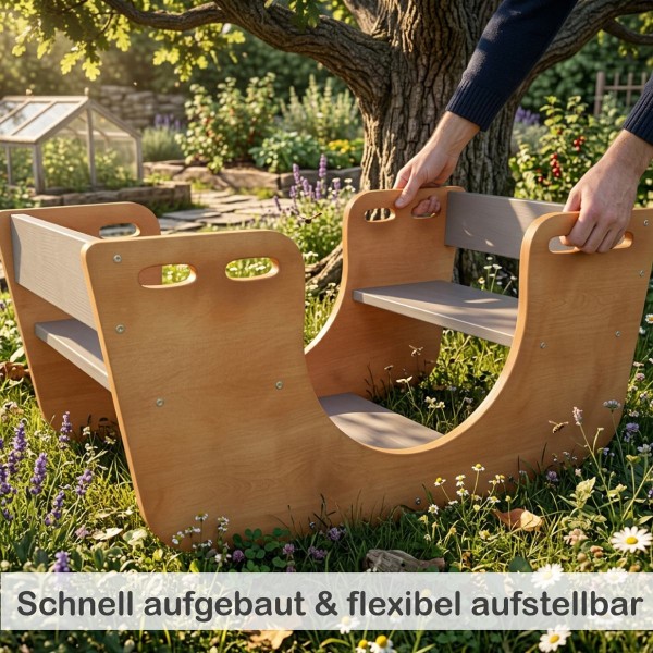 Holz Kinder Wippe schnell aufgebaut und flexibel im Garten platzierbar