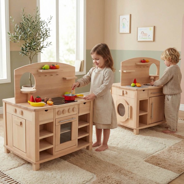 Kinderküche Cinderella weiß Holz beidseitig bespielbar – pädagogisch wertvolle Spielküche für Kita und Kindergarten