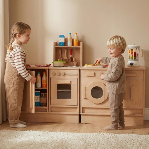 Kind spielt an einer Montessori Kinderküchenzeile aus Holz, fördert Rollenspiel und Selbstständigkeit