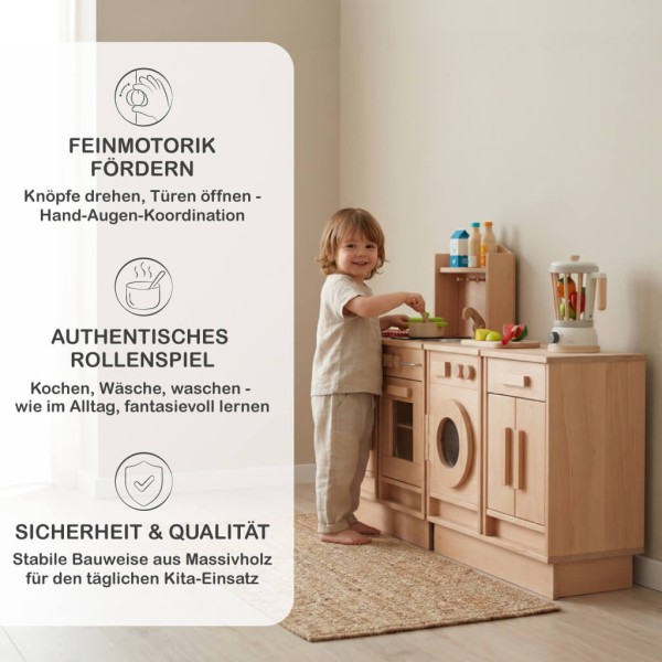 Pädagogische Kinderküchenzeile aus Holz unterstützt Kreativität, Motorik und soziales Rollenspiel im Alltag