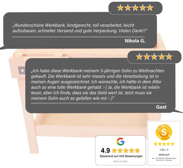 Was unsere Kunden zur Kinderwerkbank mit Schraubstock und Rückwand sagen