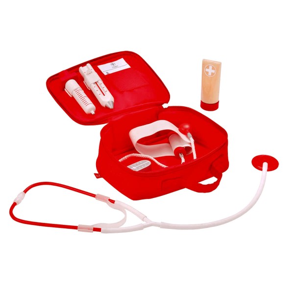 Komplettes Kinder-Arztkoffer Set aus Holz mit Stethoskop, Spritze, Thermometer und weiteren medizinischen Spielzeuginstrumenten