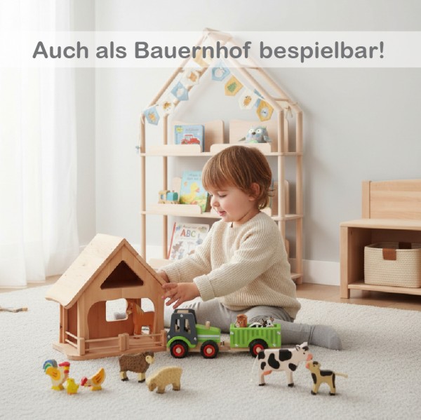 Ein Kind spielt mit dem Bauernhof aus massivem Holz mit Tieren von Holzspielzeug Peitz