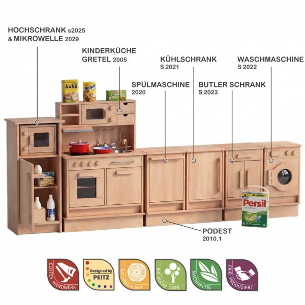 Kinderküche aus Holz mit Herd, Spüle und Backofen, realistische Funktionen für fantasievolles Rollenspiel