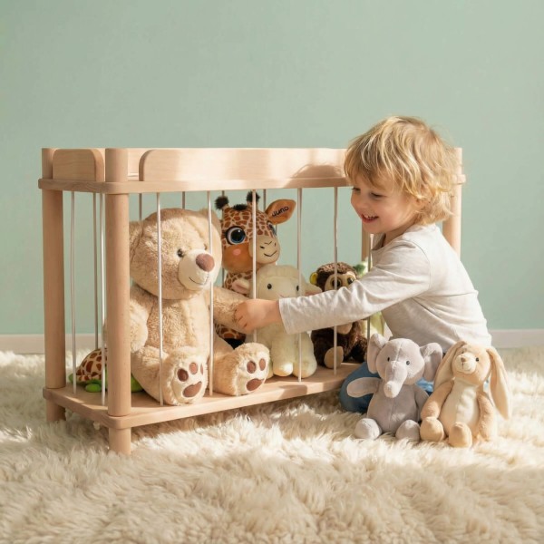 Kuscheltier Zoo aus Holz im hellen Kinderzimmer – Montessori Aufbewahrung für Kuscheltiere