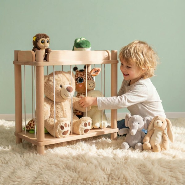 Kuscheltier Zoo aus Holz im hellen Kinderzimmer – Montessori Aufbewahrung für Kuscheltiere