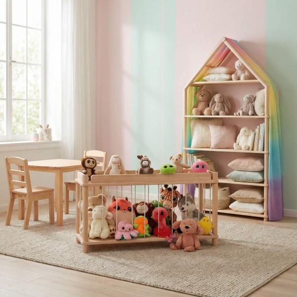 Kuscheltier Zoo aus Holz integriert in ein Montessori-Kinderzimmer mit Sitzgruppe und Regal
