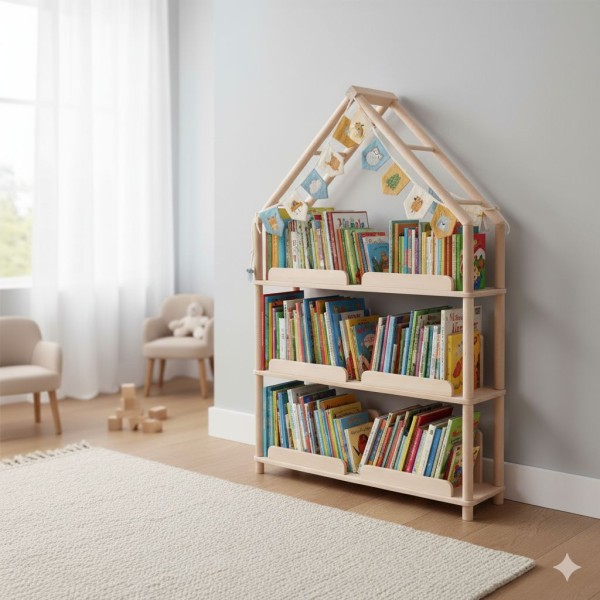 im Kinderzimmer ein Bücherregal Austellerregal zum selber bedienen für die Kinder
