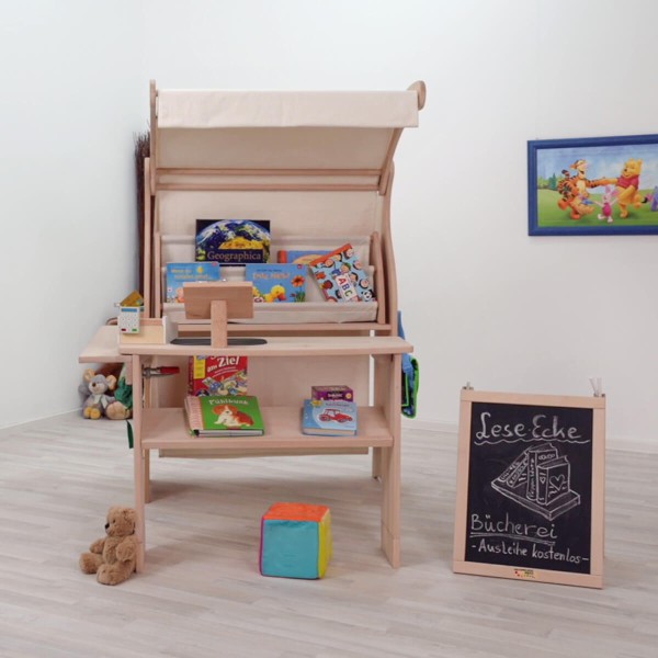 Montessori Bücherregal mit 4 Buchfächern aus Stoff