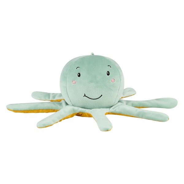 Frontale Ansicht der Sterntaler Handpuppe Oktopus pudergrün mit lächelndem Gesicht