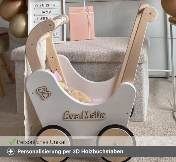Lauflern Puppenwagen weiß personalisierbar mit Namen und Herzchen per 3D Buchstaben