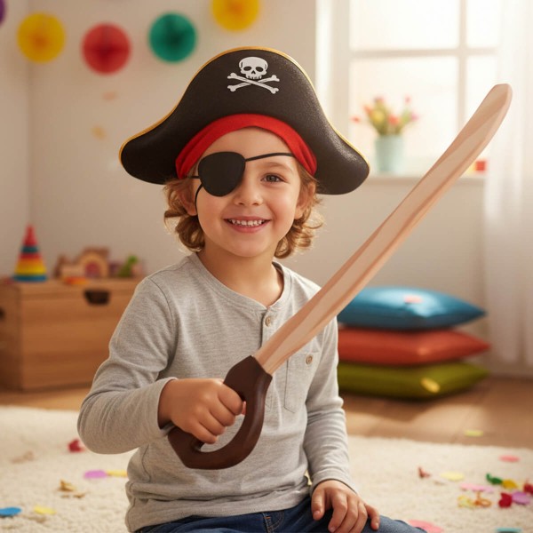 Lächelndes Kind hält Piratensäbel in der Hand
