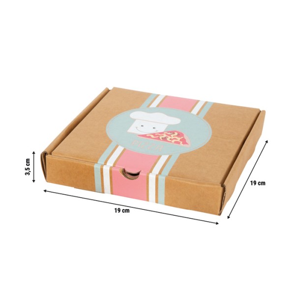 Abmessungen des Pizza-Sets und des Kartons ca 19x19 cm