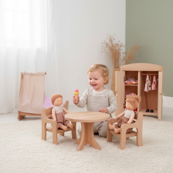 Puppenschrank, Puppentisch, Stühle, Wiege