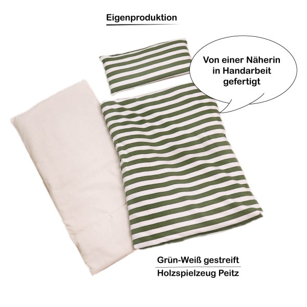 Puppenbettwäsche Eigenproduktion in Handarbeit von Holzspielzeug Peitz - Grün-weiß gestreifte Bettwäsche
