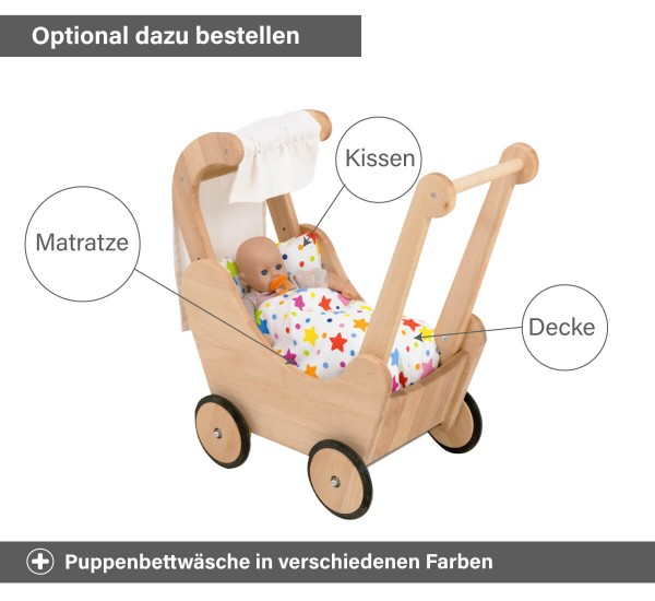 Lauflernwagen Puppenwagen optional mit 7 verschieden farbige Puppenbettwäsche