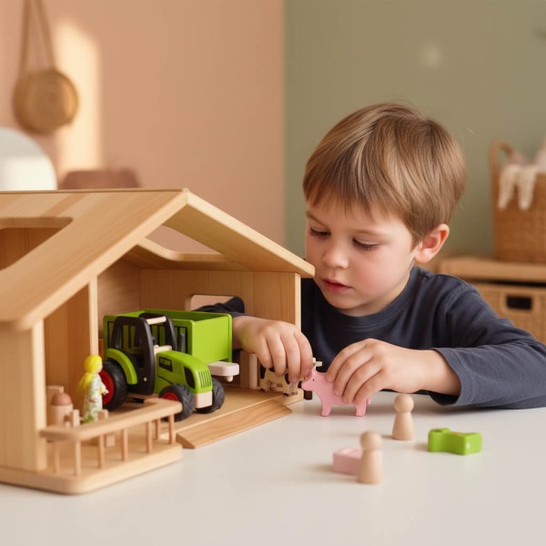 Puppenhaus Elsa weiß-natur aus massivem Buchenholz – Bauernhof-Szene im skandinavischen Kinderzimmer mit Holztraktor und Tieren, zeigt Detail und Handwerksqualität