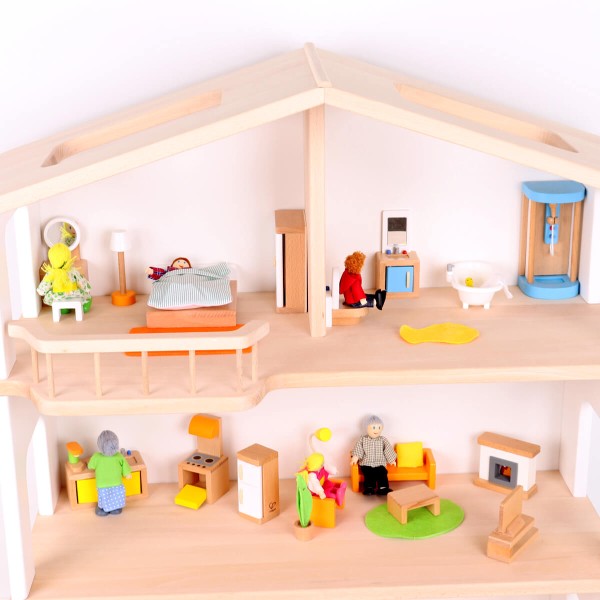 Puppenhaus mit verschiedenen Puppenmöbel Sets - Wohnzimmer