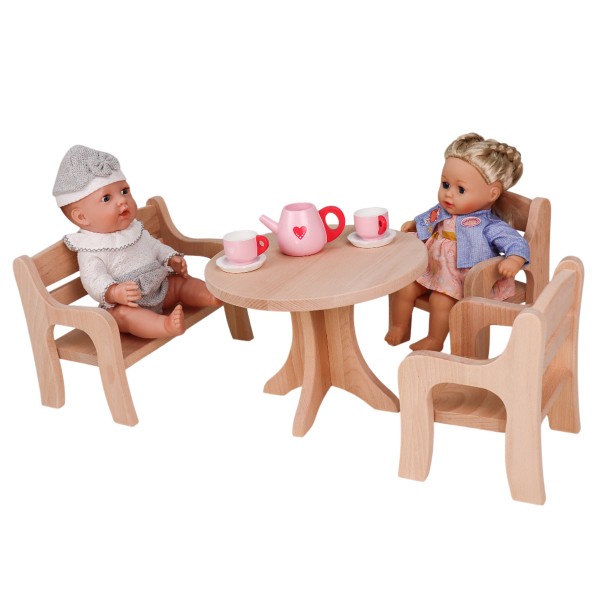 Set Puppenmöbel mit 2 Stühlen, einer Bank und einem Tisch