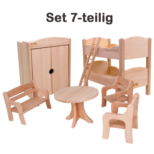 Puppenmöbel Set 7-teilig mit 2 Stühle, Tisch, Bank, Bett mit Dach & Tuch, Kleiderschrank