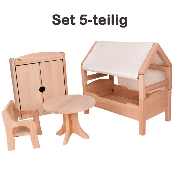 Puppenmöbel Set 5-teilig mit Stuhl, Tisch, Bett mit Dach & Tuch, Kleiderschrank
