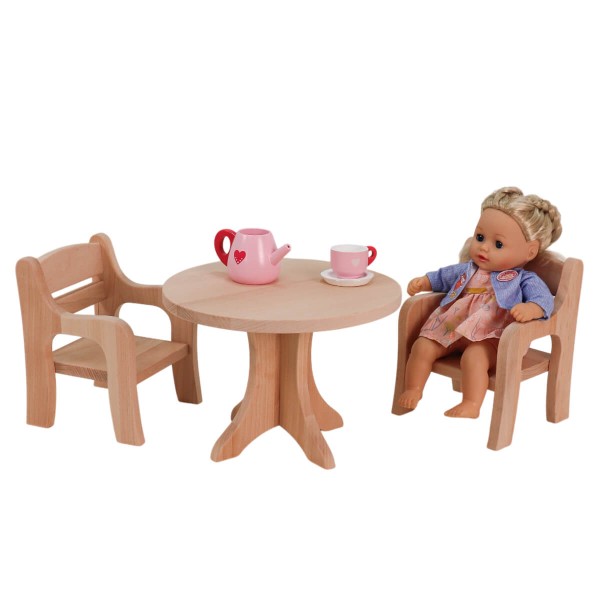 Puppenmöbel Set mit 2 Stühle, 1 Tisch & 1 Bank für 30cm große Puppen - Waldorf Puppen-Spielzeug