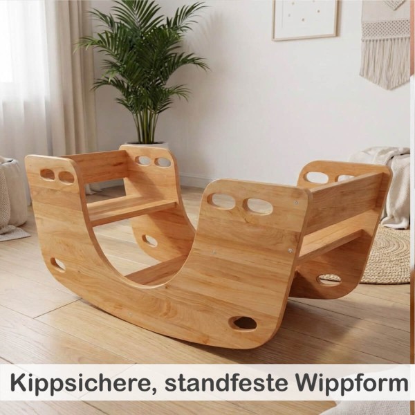 Stabile und kippsichere Wippform der Schiffschaukel aus massivem Holz im Detail