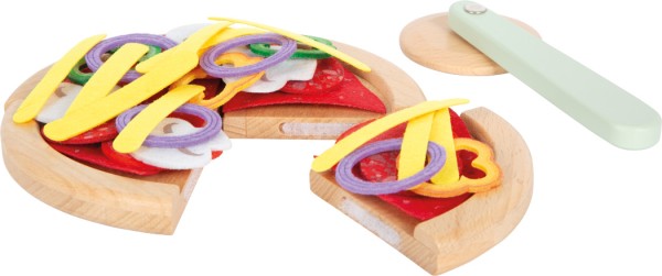 Holzpizza mit Klettverbindung in Stücke geschnitten mit Pizzaschneider