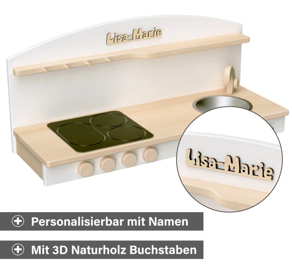 Spielküche Aufsatz aus Holz - Personalisierbar per 3D Naturholz Buchstaben