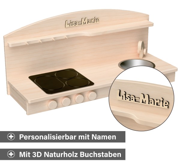 Spielküche Aufsatz aus Holz - Personalisierbar per 3D Naturholz Buchstaben