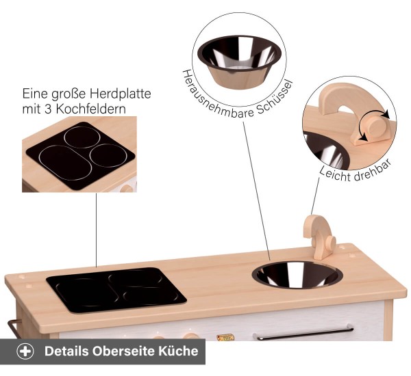 Spielküche Rotkäppchen weiß - Mit 3 Kochfeldern, Schüssel und drehbarem Wasserhahn Knopf